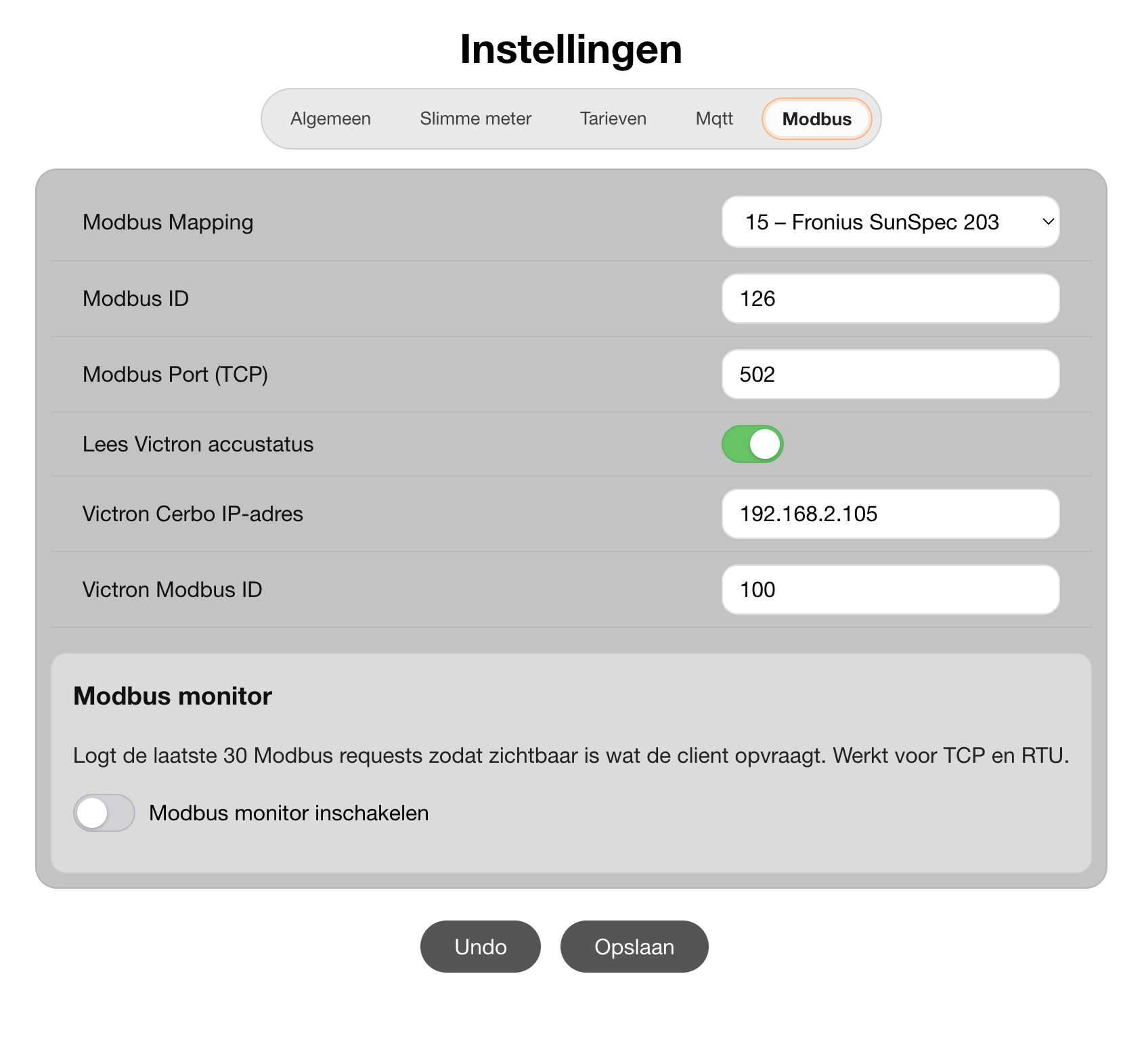 DSMR-API-instellingen met Lees Victron accustatus ingeschakeld, het Cerbo IP-adres en Victron Modbus ID 100