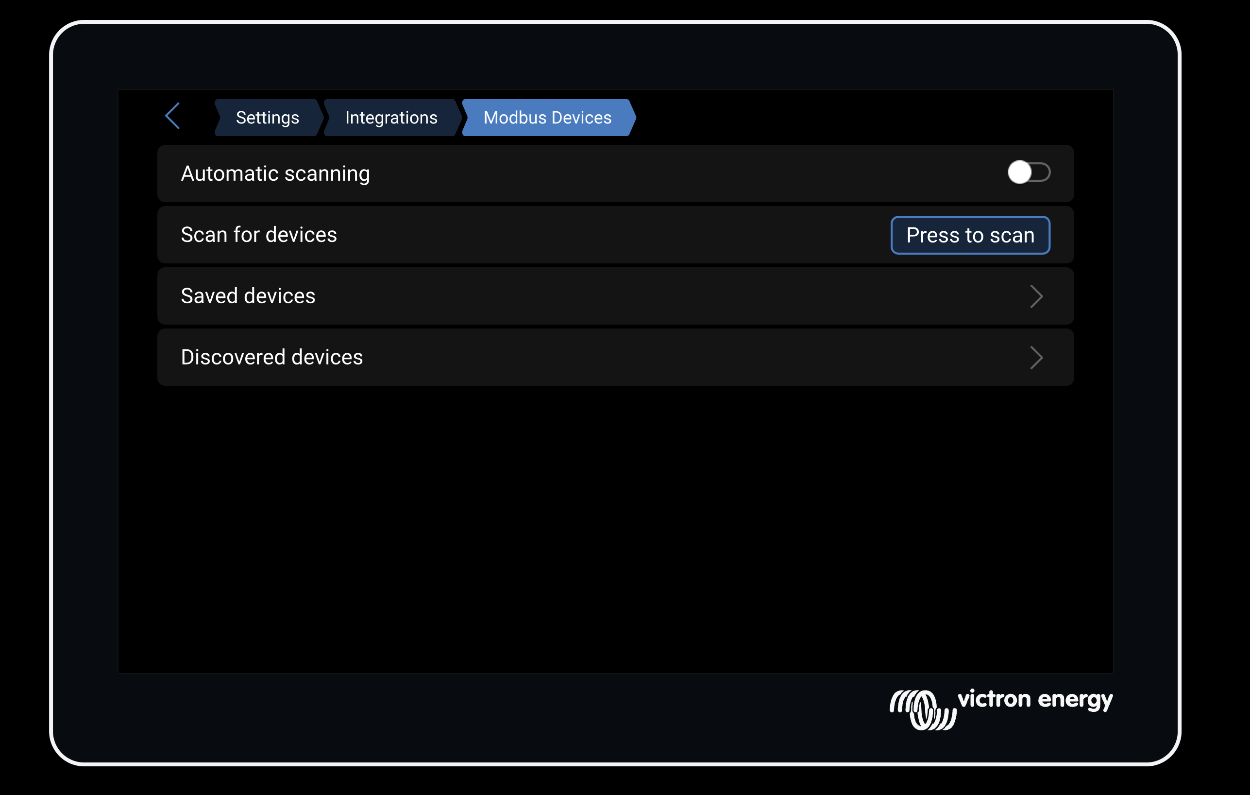 Victron-menu Settings, Integrations en Modbus Devices met de optie Saved devices