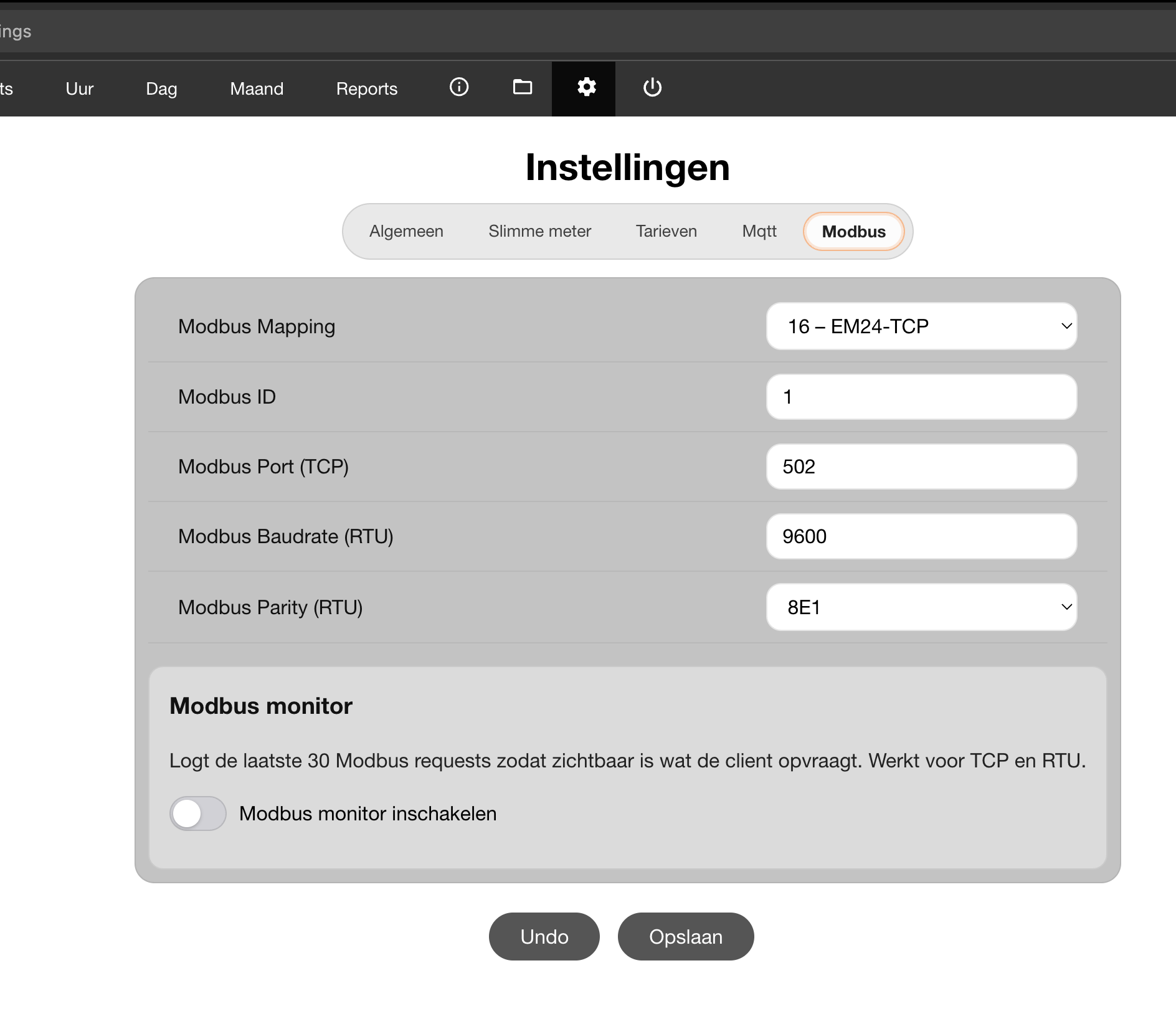 DSMR-API Modbus-instellingen met EM24-TCP, Modbus ID 1 en TCP-poort 502