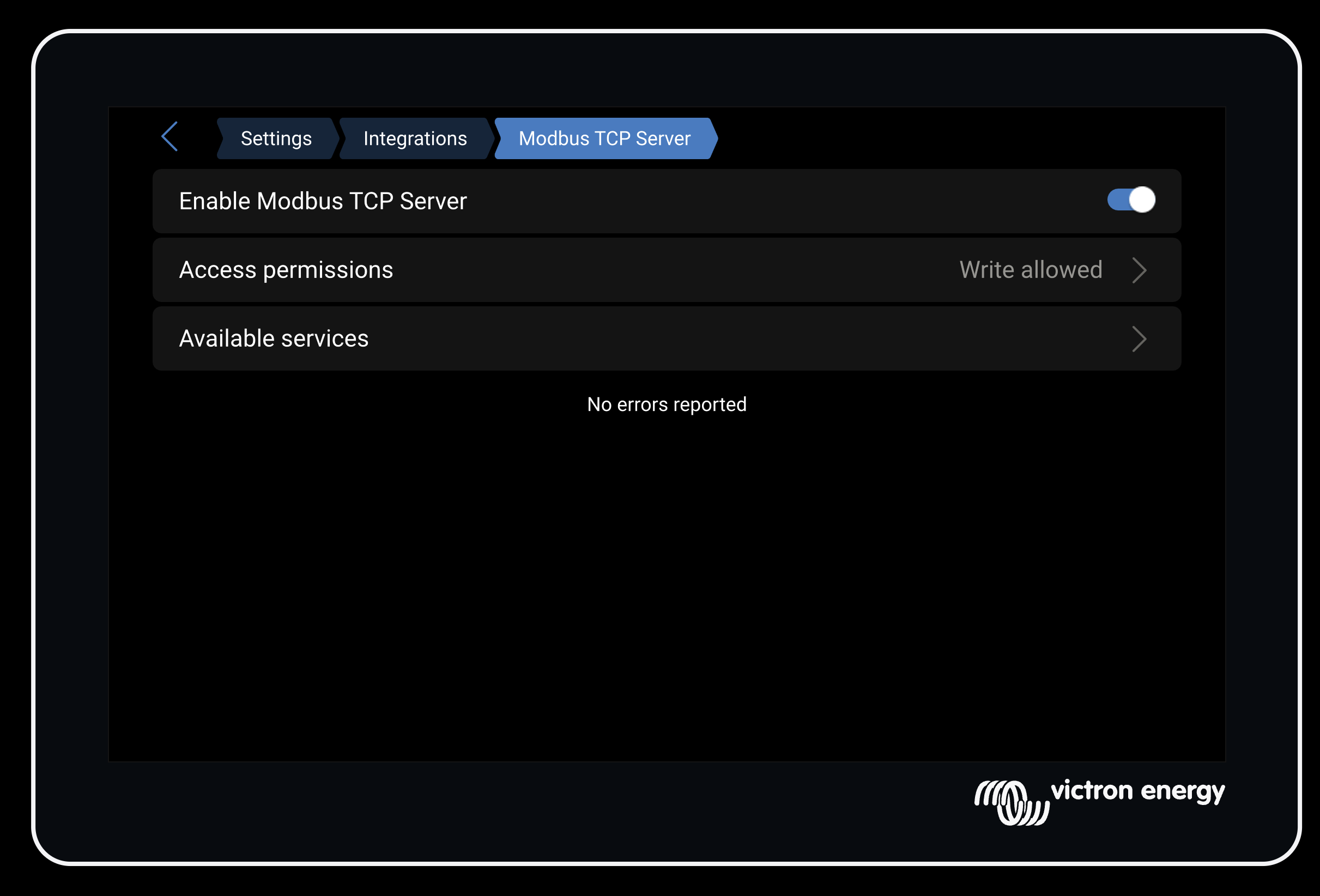 Victron Modbus TCP Server met Enable Modbus TCP Server ingeschakeld